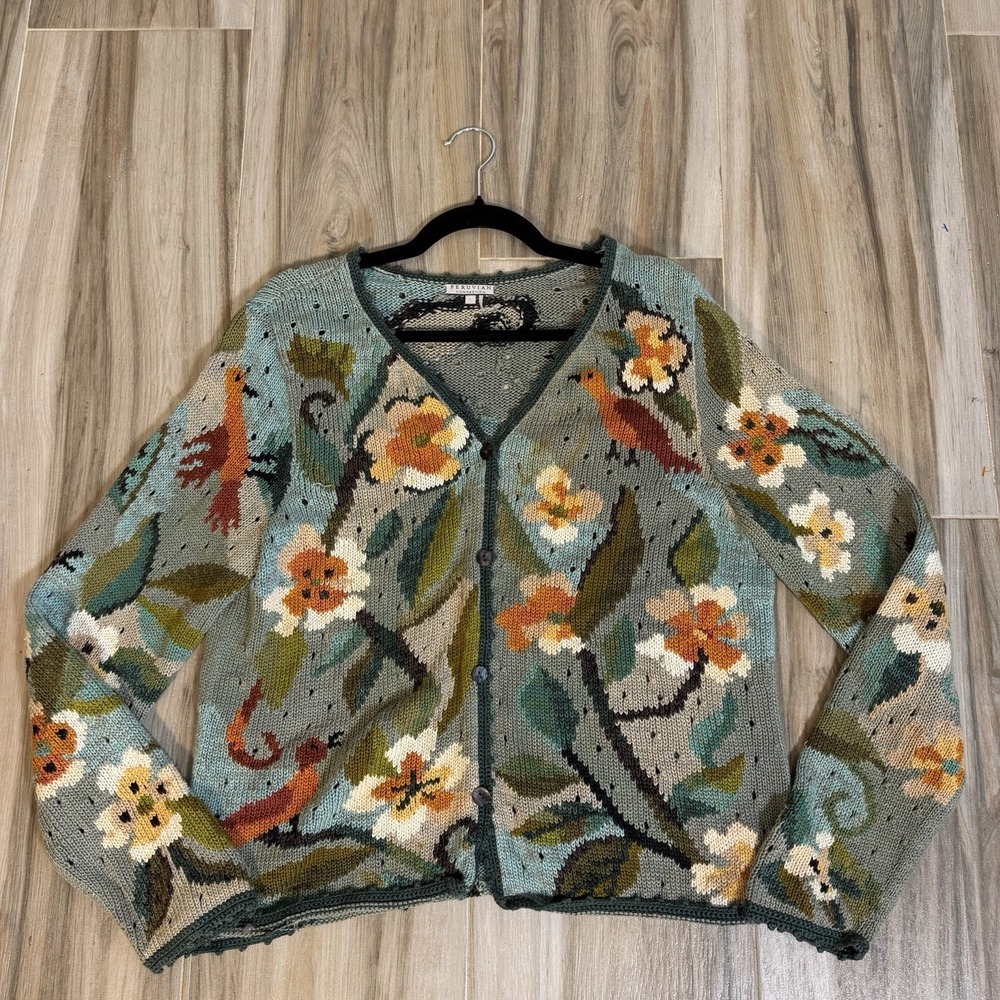 The Peruvian Connection Hand Knit Colorful Artsy Cardigan Sweater L Pima Birds